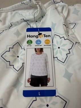 Hang Ten White Long Sleeve Top with Navy & Light Blue Geometric Print